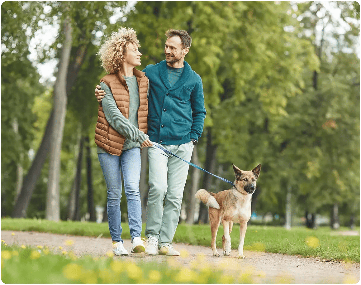 Couple walking their dog in the park. Couple walking their dog in the park.